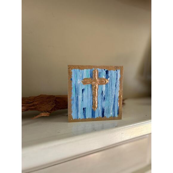SALE Gold Cross Wood Painting Hand Painted Puffy Wall Art 5 x 5 Block White Blue - Picture 2 of 9